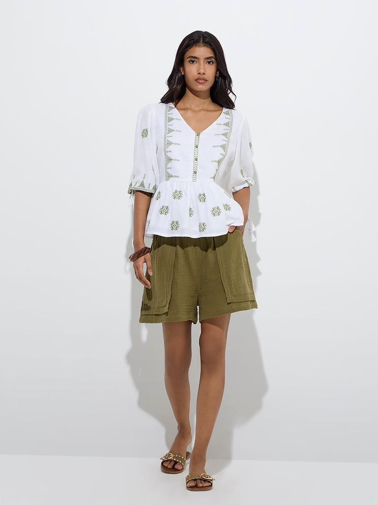 Westside LOV Women's White Embroidered Peplum Top for Casual Wear Full Model View