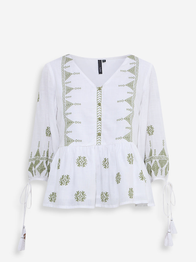 Westside LOV Women's White Embroidered Peplum Top for Casual Wear Flatly View