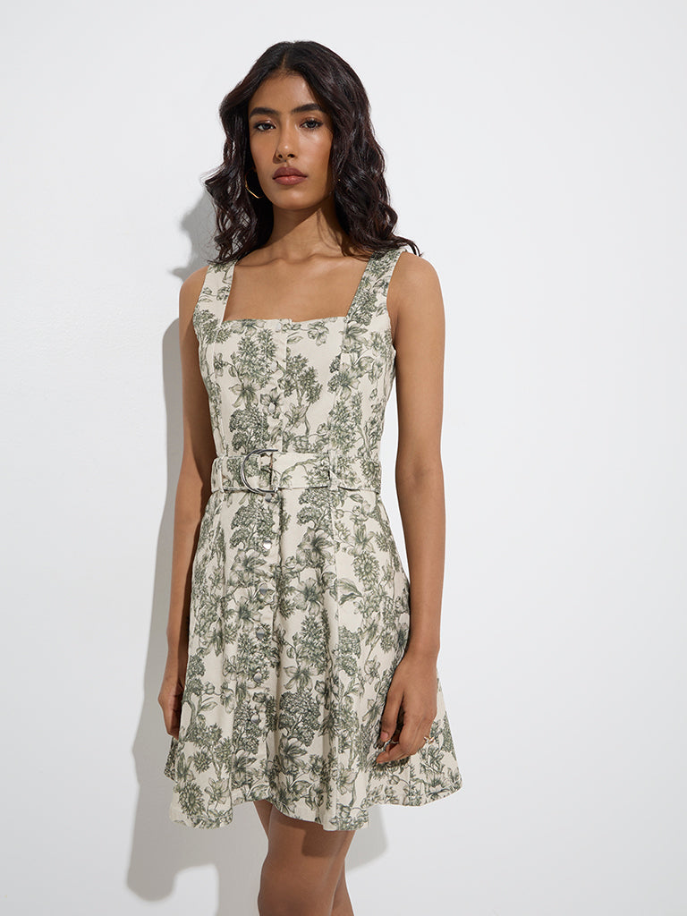 Westside LOV Women's Off-White Floral Pattern Denim A-Line Dress for Casual Wear Front view