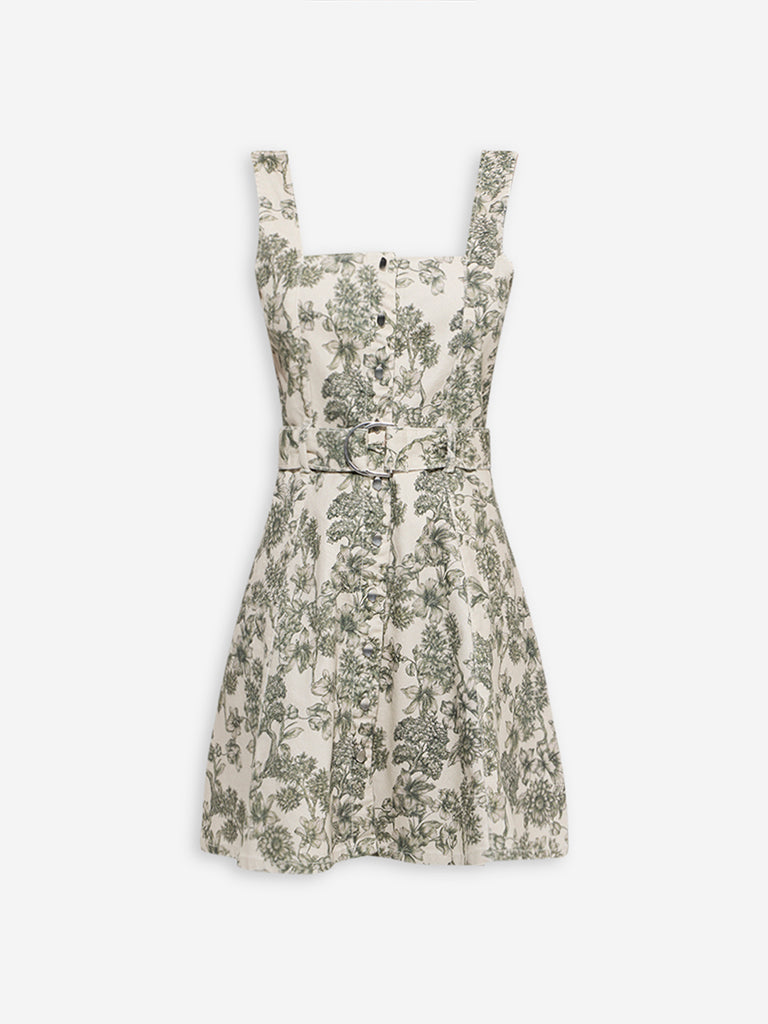 Westside LOV Women's Off-White Floral Pattern Denim A-Line Dress for Casual Wear Flatlay
