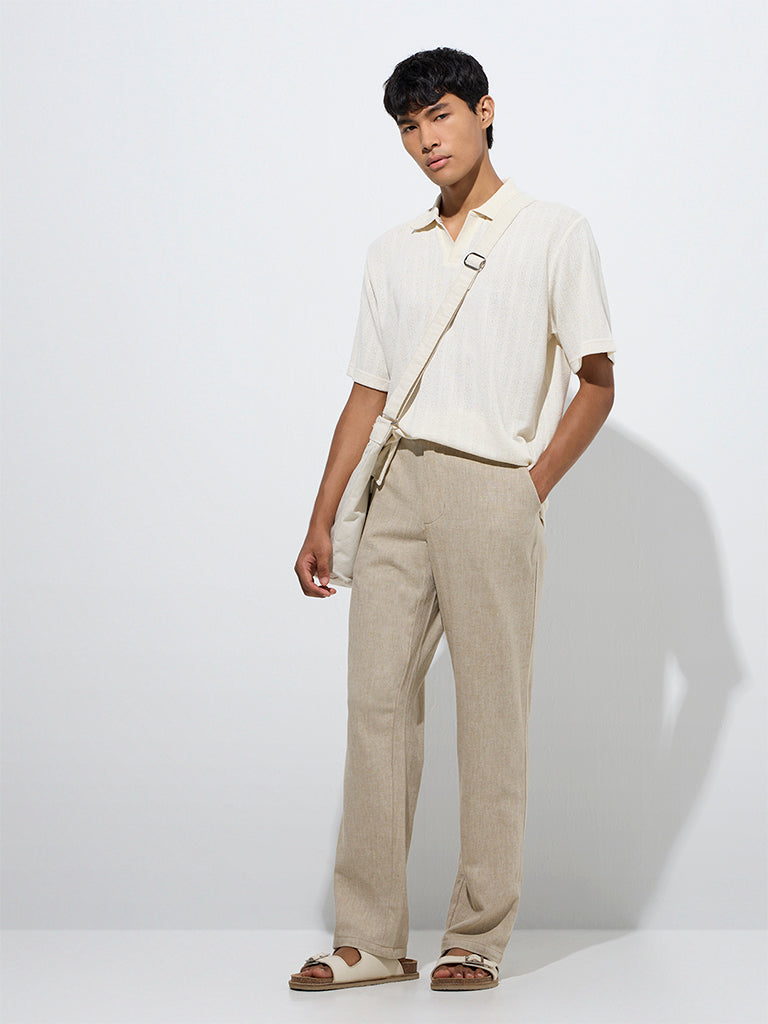 Westside ETA Men's Beige Relaxed-Fit Mid-Rise Cotton-Blend Chinos for Casual Wear Full Model View