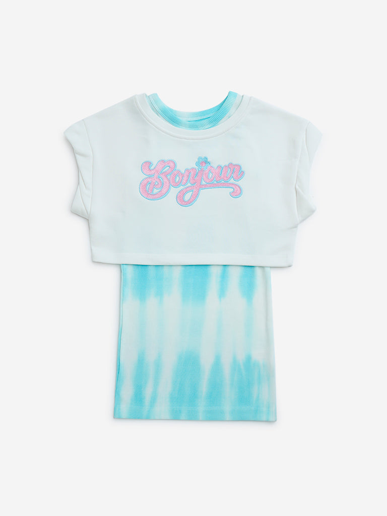 Westside HOP Girls' Kids Blue Tie-Dye Design Cotton-Blend Dress with T-Shirt Set for Casual Wear Front View