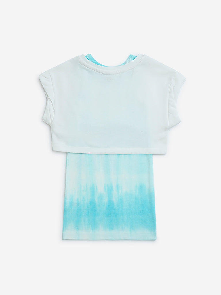 Westside HOP Girls' Kids Blue Tie-Dye Design Cotton-Blend Dress with T-Shirt Set for Casual Wear Back View