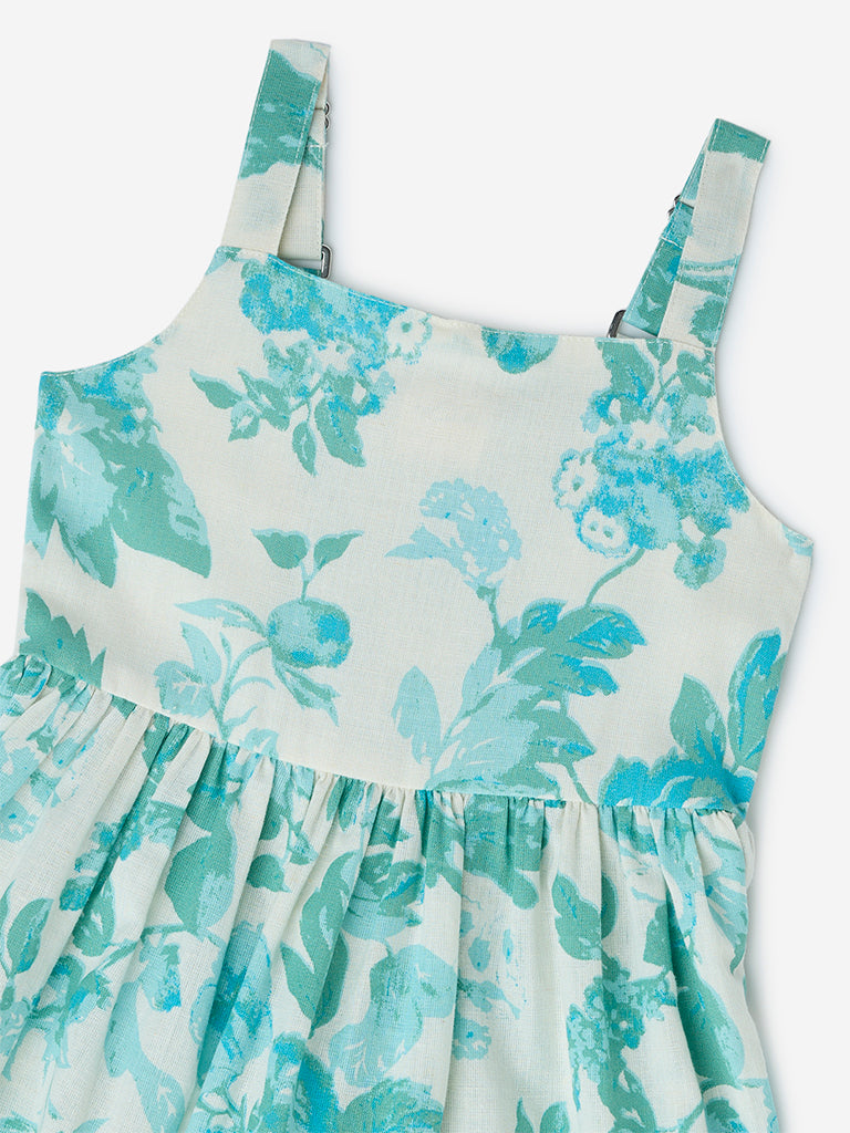 Westside Utsa Kids Aqua Floral Pattern Cotton-Blend Tiered Dress - (2-8yrs) for Ethnic Wear Zoomed View