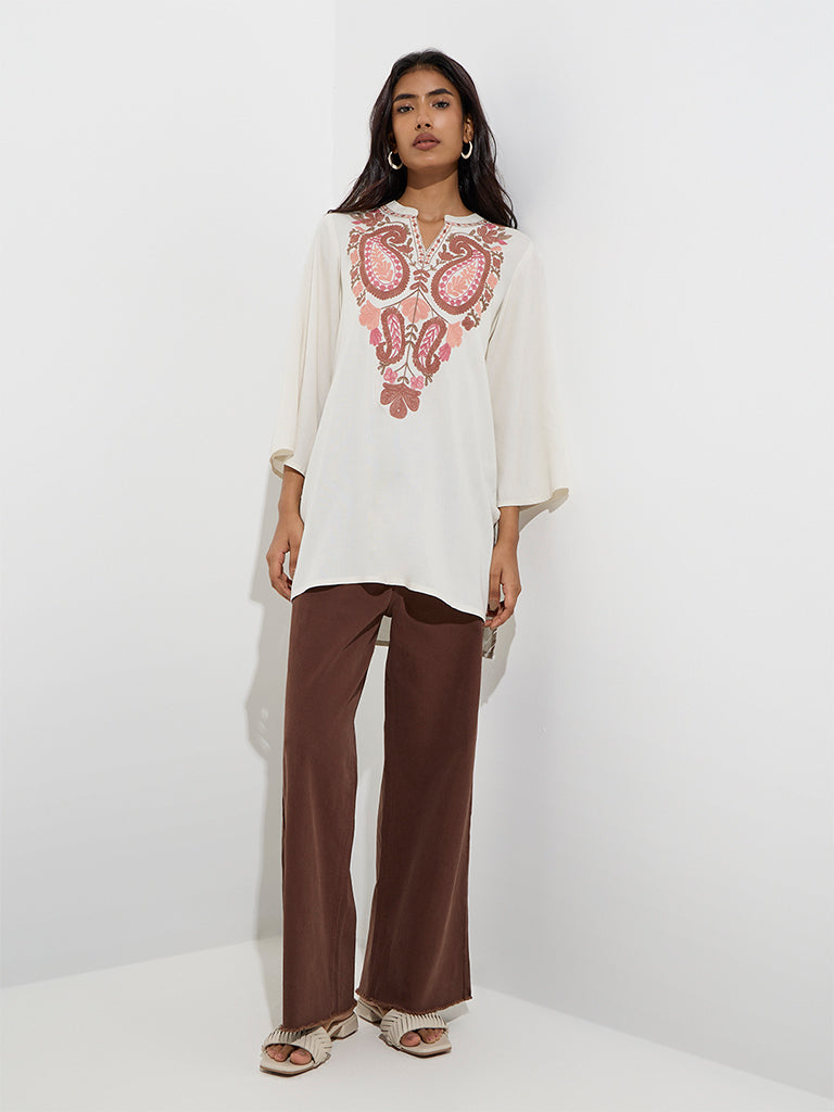 Westside Utsa Women's Cream Paisley Embroidered Tunic for Work Wear Full Model View