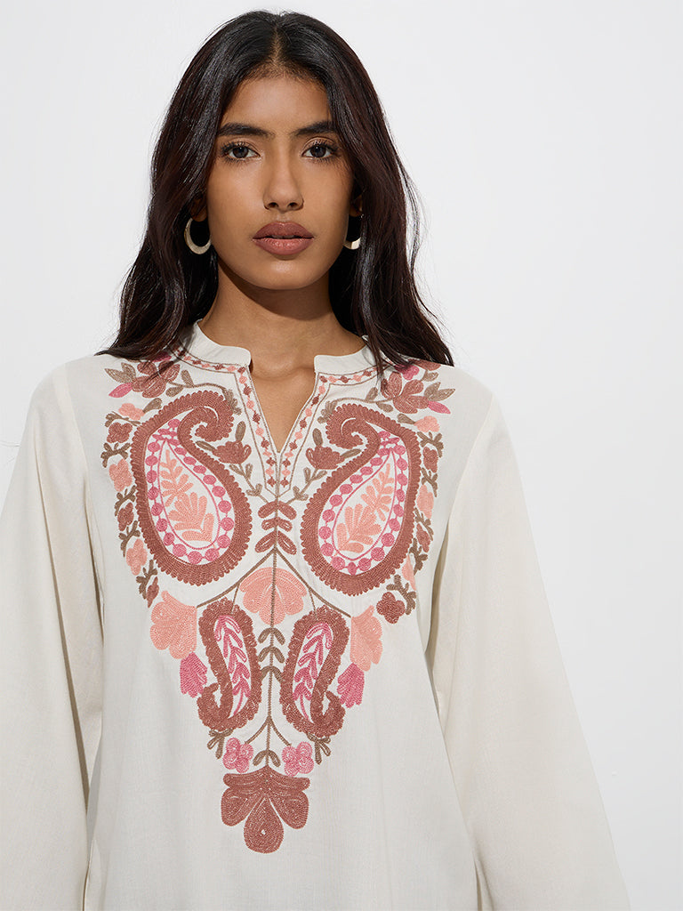 Westside Utsa Women's Cream Paisley Embroidered Tunic for Work Wear Zoom View