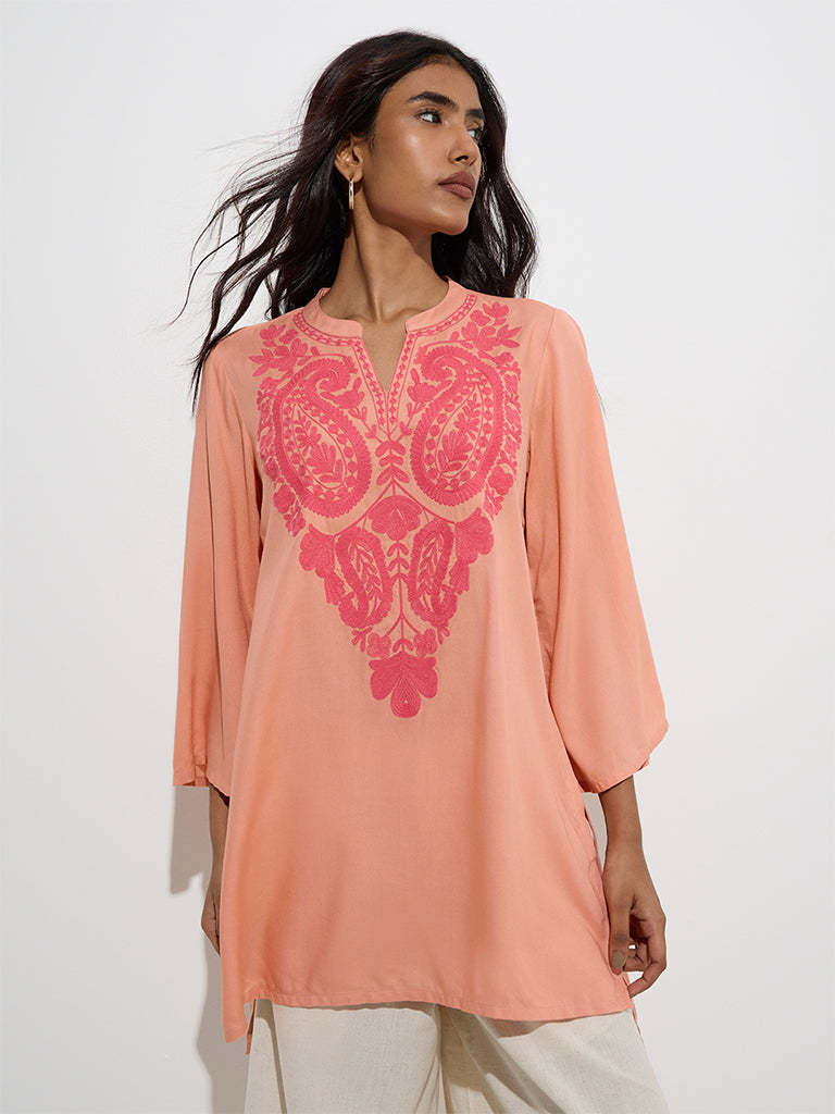 Westside Utsa Women's Coral Paisley Embroidered Tunic for Work Wear Front View