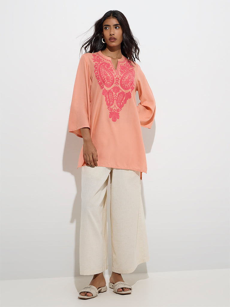 Westside Utsa Women's Coral Paisley Embroidered Tunic for Work Wear Full Model View