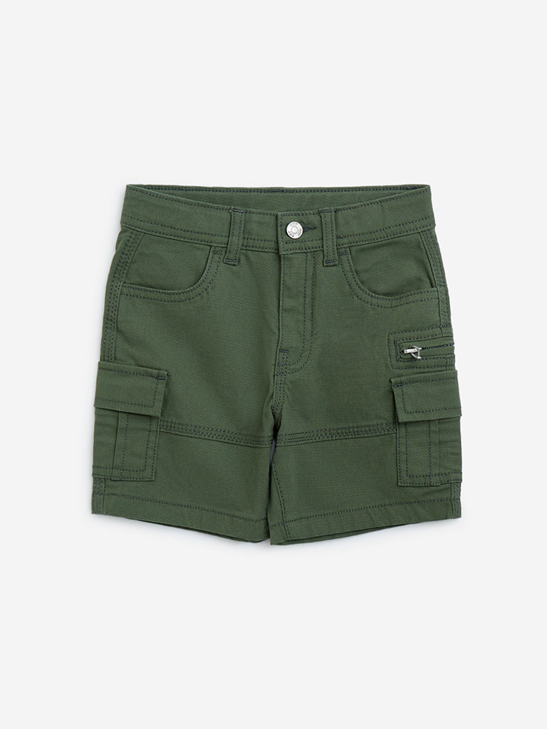 Westside HOP Boys Kids Olive Mid-Rise Shorts for Casual Wear Front View