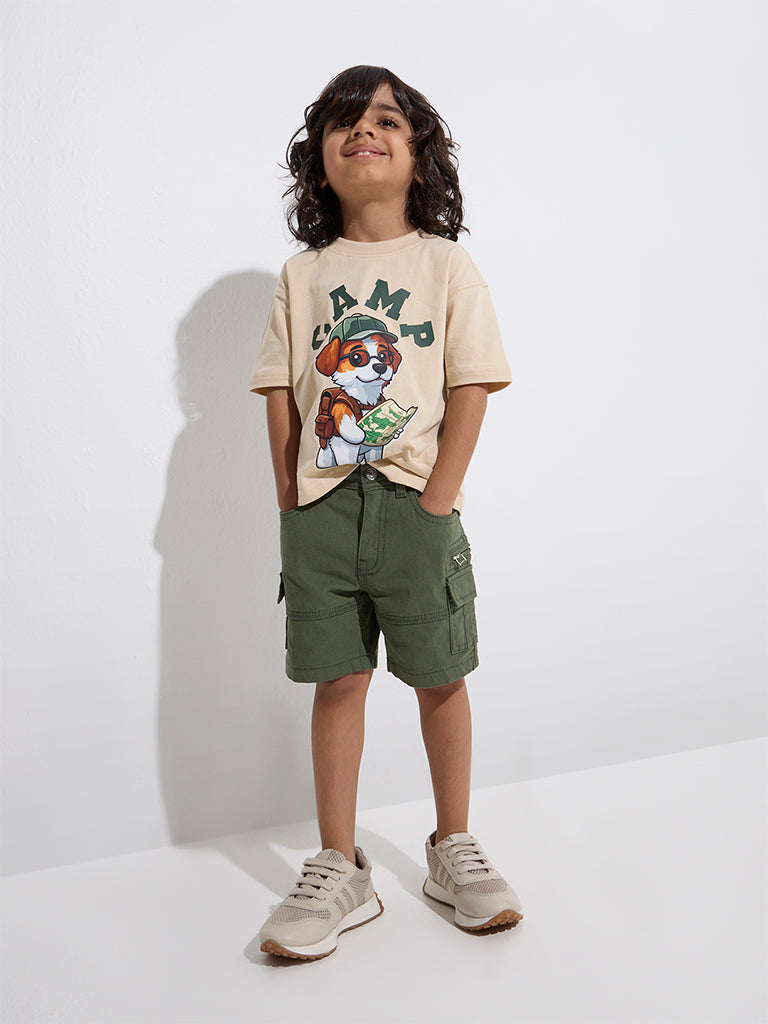 Westside HOP Boys Kids Olive Mid-Rise Shorts for Casual Wear Full Model View