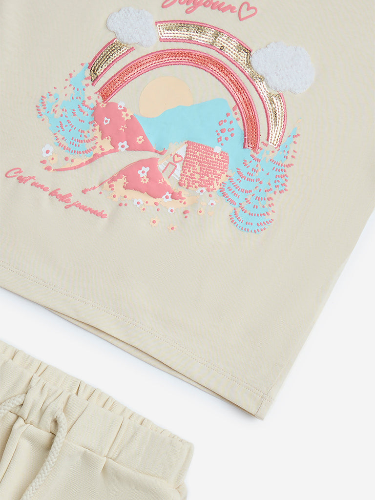 Westside HOP Kids Girls' Beige Embellished Cotton T-Shirt with Shorts Set for Casual Wear Zoom View