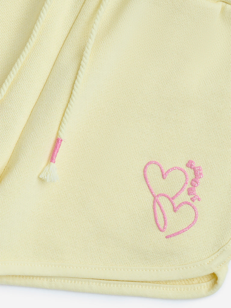 Westside HOP Kids Girls' Yellow Heart Printed Mid-Rise Cotton Shorts for Casual Wear Zoom View