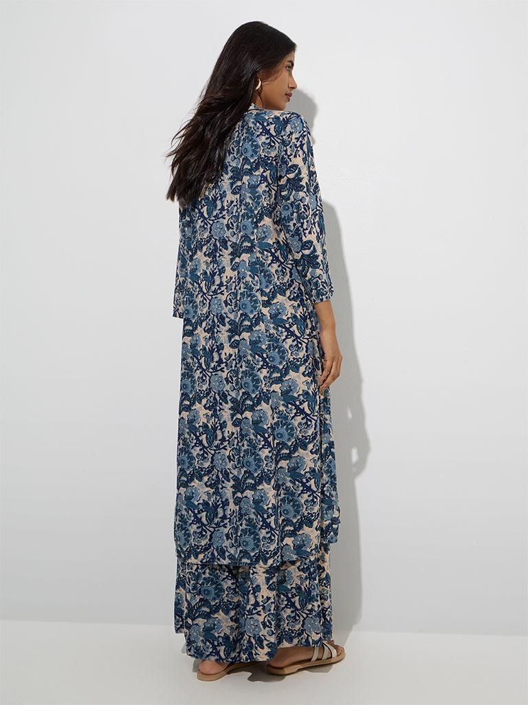 Westside Utsa Women's Indigo Floral Detailed A-Line Kurta for Work Wear Back View