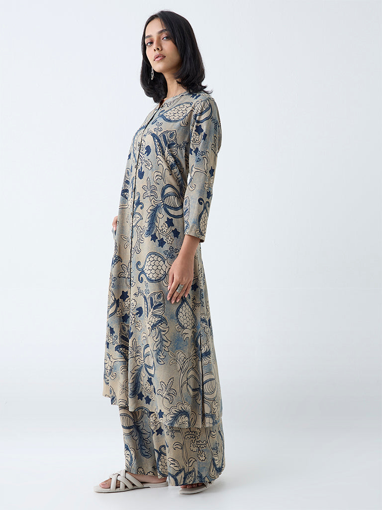 Utsa Beige Botanical Design A-Line Kurta