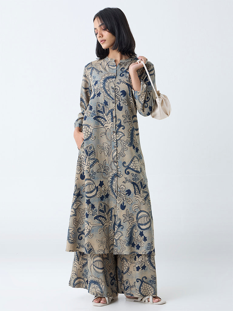 Utsa Beige Botanical Design A-Line Kurta