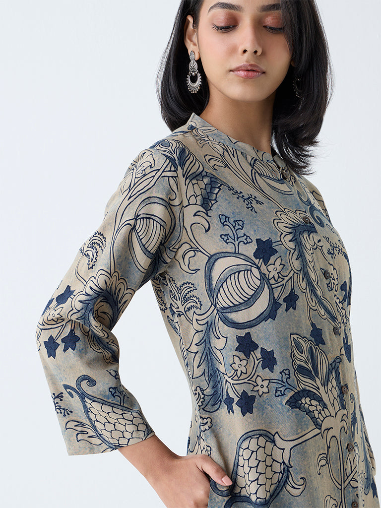 Utsa Beige Botanical Design A-Line Kurta