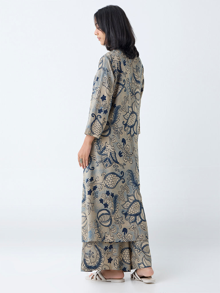 Utsa Beige Botanical Design A-Line Kurta