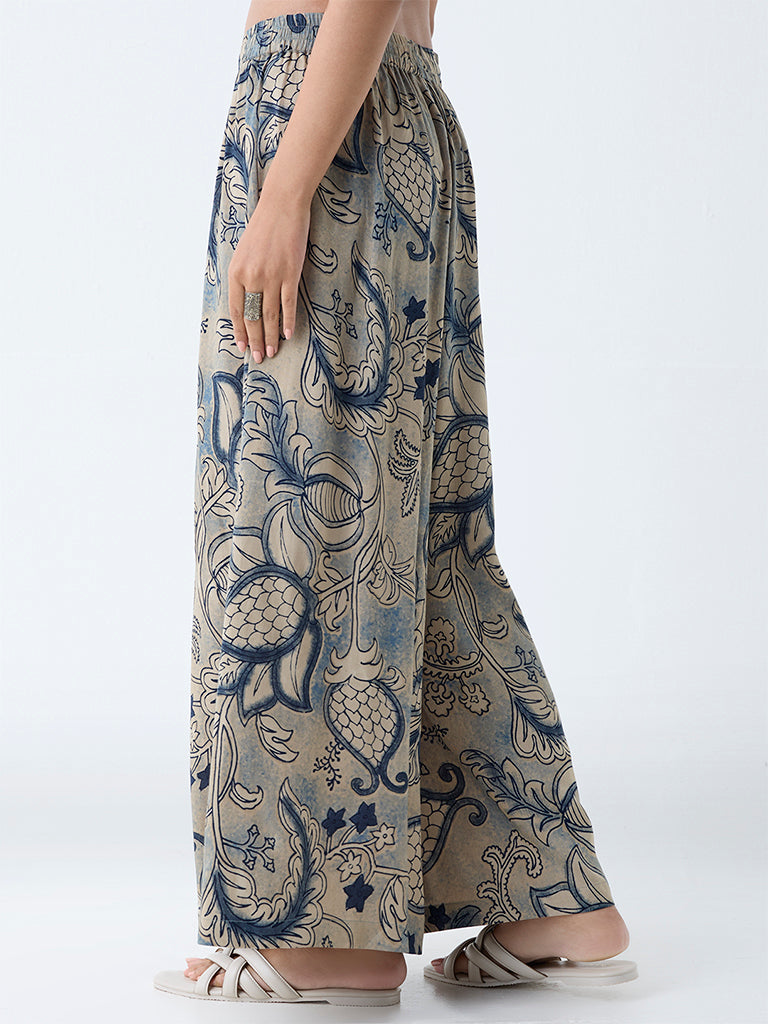 Westside Utsa Women's Beige Botanical Printed Palazzos for Everyday Back View