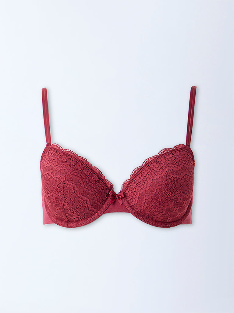 Wunderlove Maroon Lace Cotton-Blend Underwired Bra