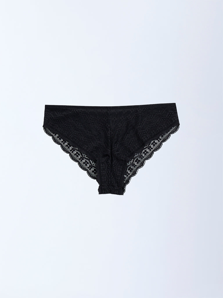 Wunderlove Black Lace-Detailed Brazilian Briefs