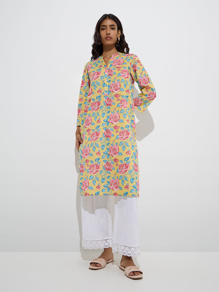 Utsa Yellow Floral Printed Cotton Straight Kurta