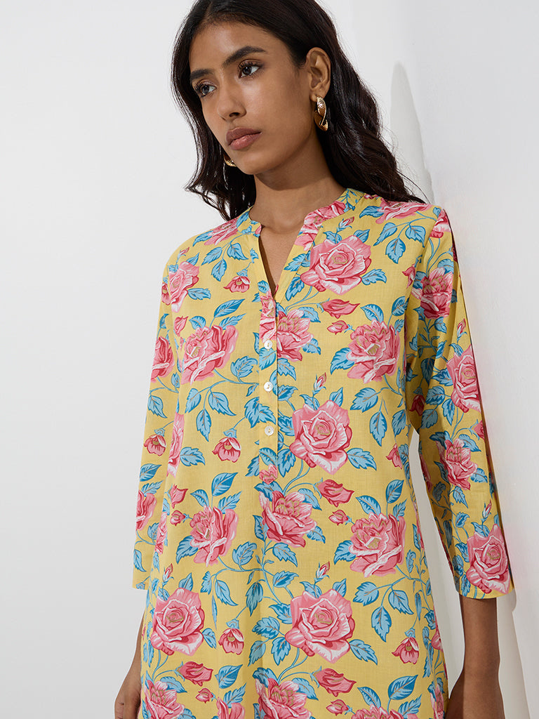 Utsa Yellow Floral Printed Cotton Straight Kurta