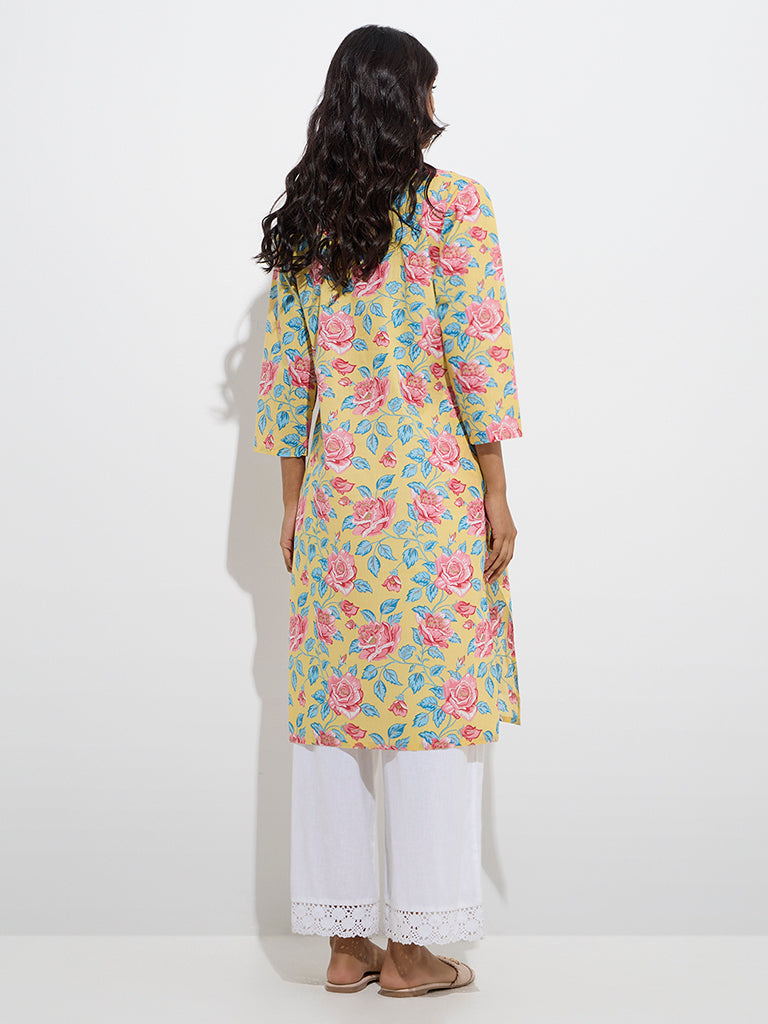 Utsa Yellow Floral Printed Cotton Straight Kurta