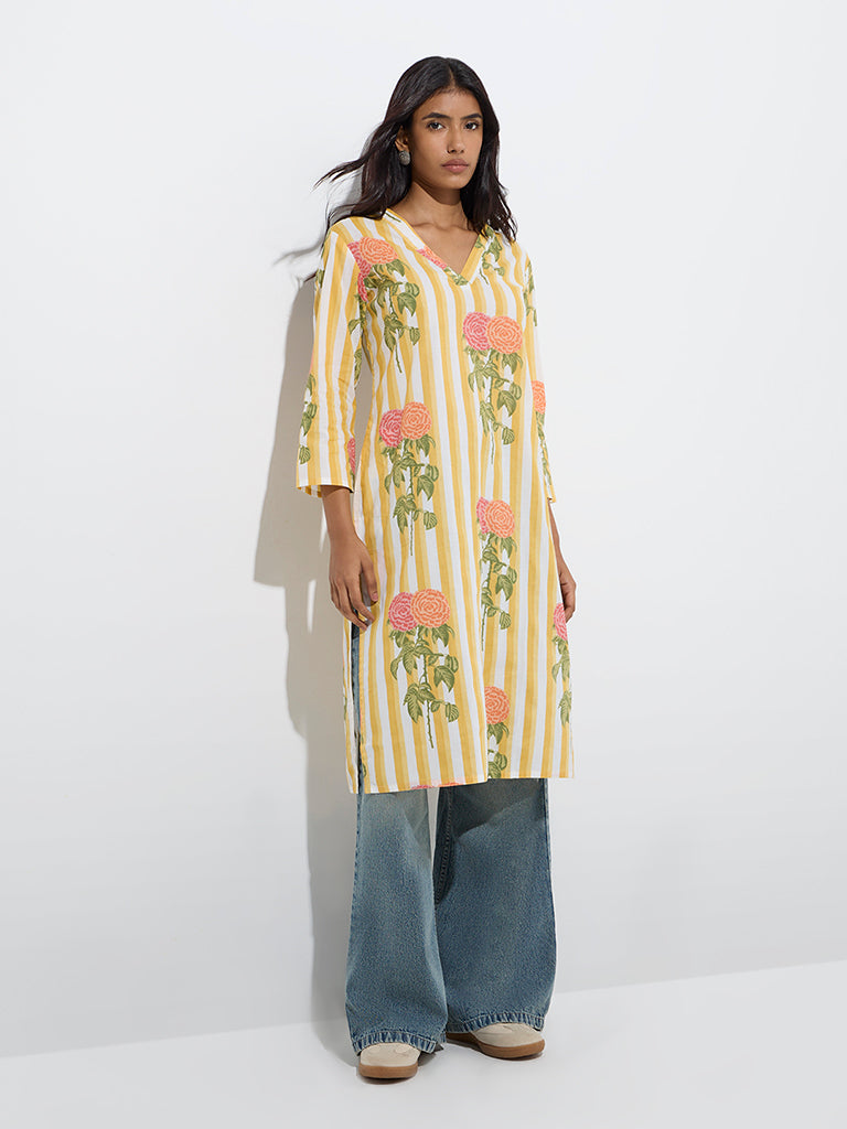 Westside Utsa Women's Yellow Striped Cotton Straight Kurta for Everyday Front View