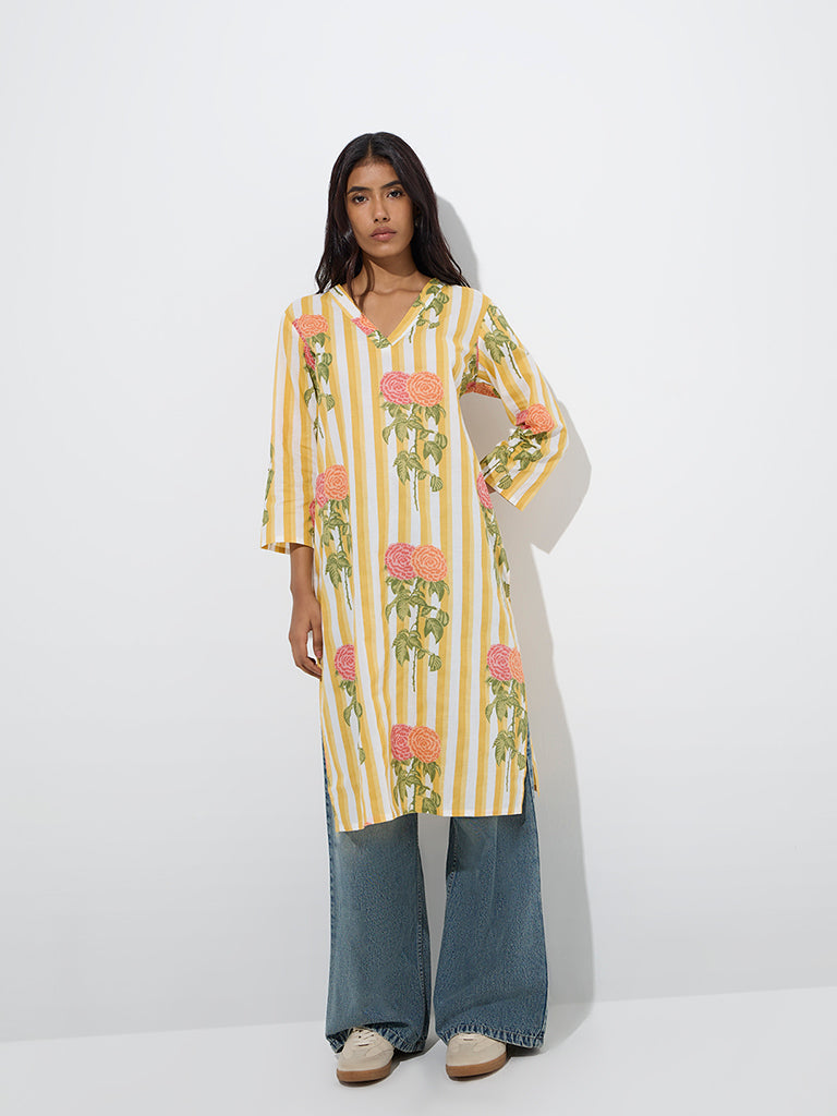 Westside Utsa Women's Yellow Striped Cotton Straight Kurta for Everyday Full Model View