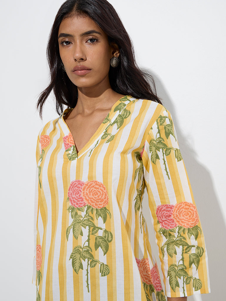 Westside Utsa Women's Yellow Striped Cotton Straight Kurta for Everyday Zoom View