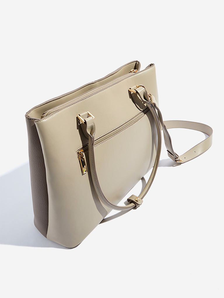 Westside Beige Colour-Blocked Textured Tote Bag