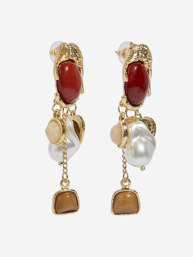 Westside Accessories Gold & Maroon Elephant Motif Heavy Dangler Earrings