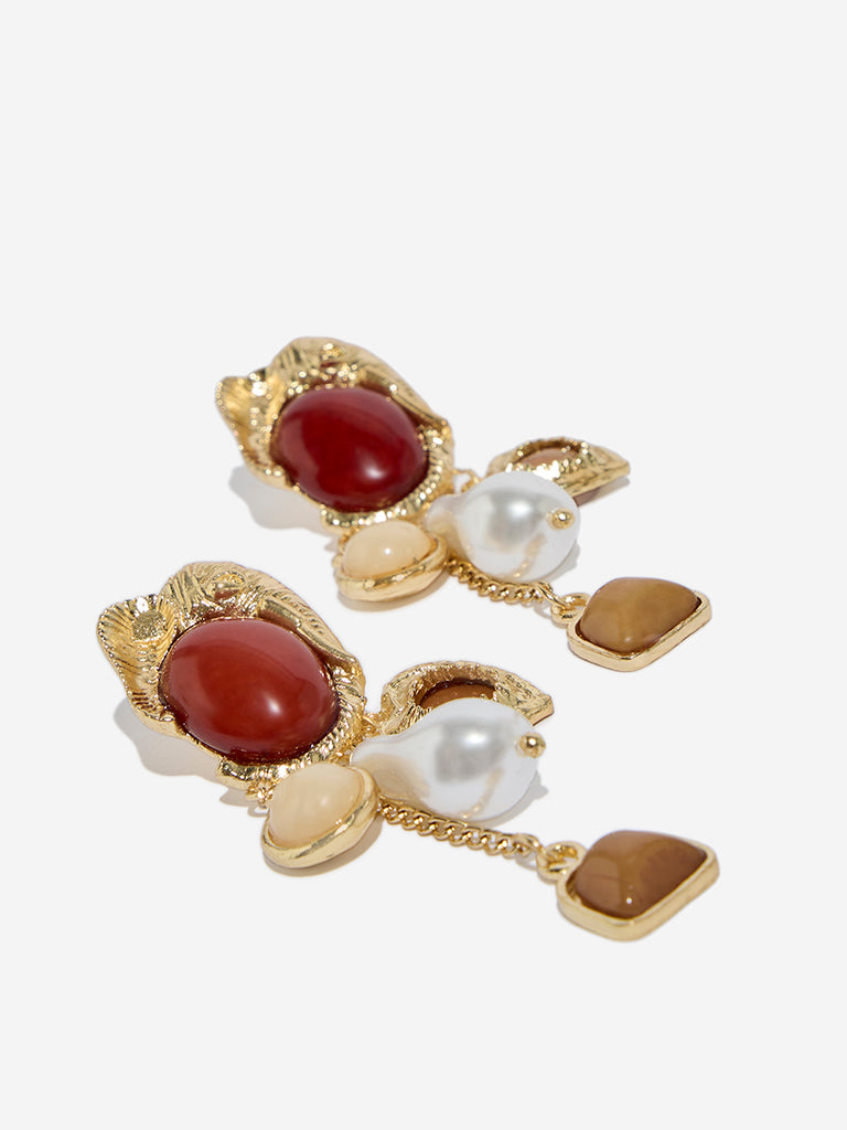 Westside Accessories Gold & Maroon Elephant Motif Heavy Dangler Earrings