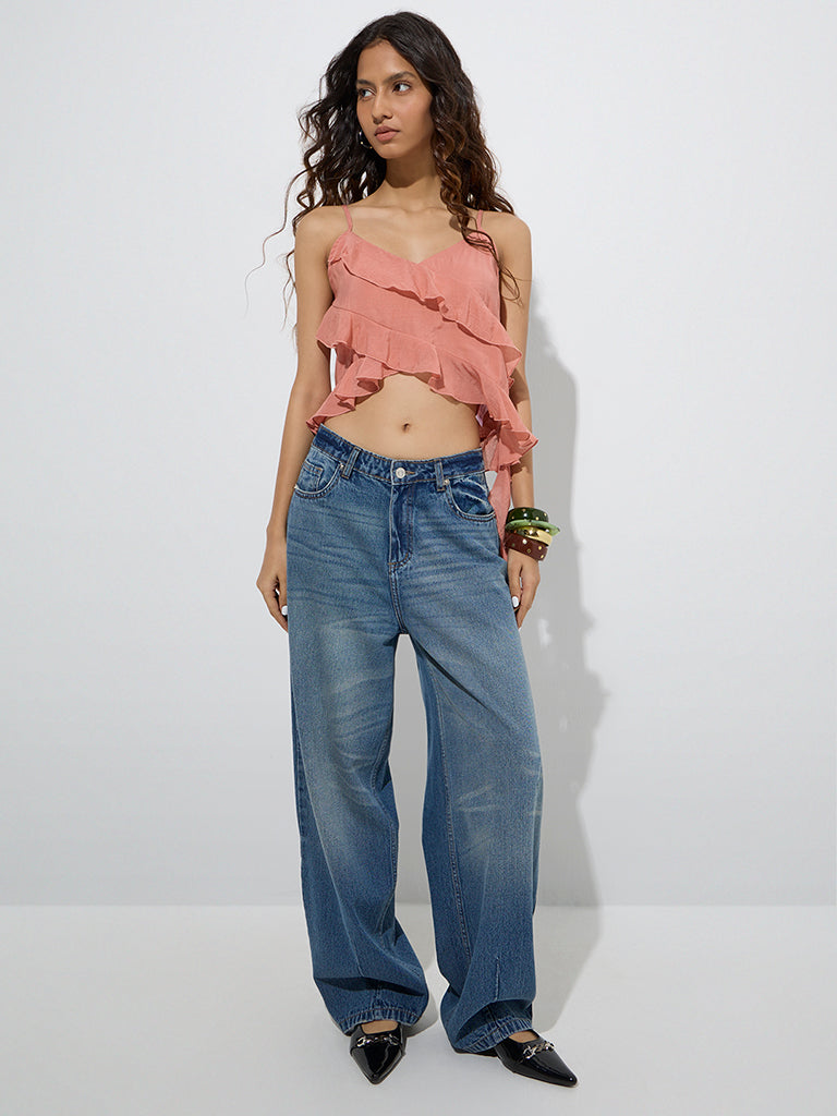 Westside Nuon Women's Dusty Coral Ruffled Top for Casual Wear Full Model View