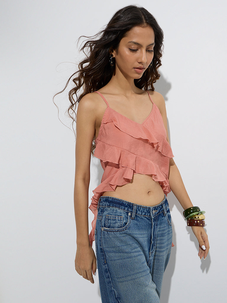 Westside Nuon Women's Dusty Coral Ruffled Top for Casual Wear Front View
