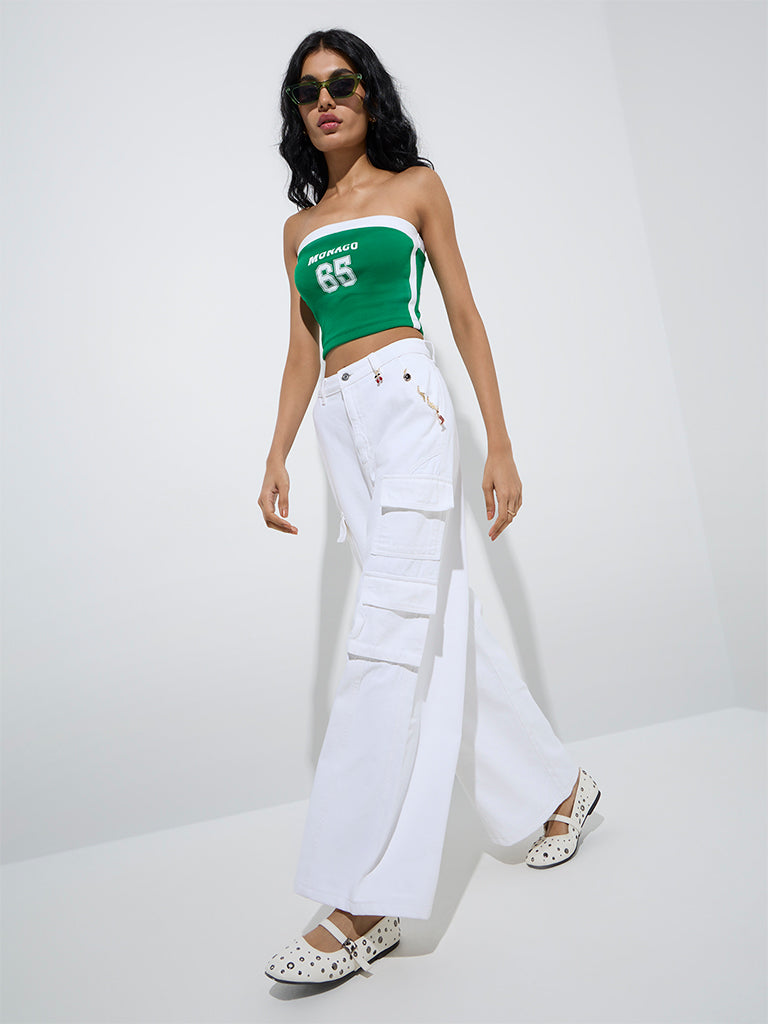 Westside Nuon Women's White Cargo-Style Relaxed-Fit High-Rise Jeans for Casual Wear Full Model View