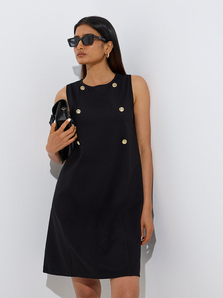 Westside Wardrobe Women's Black Solid Shift Dress for Work Wear Front View