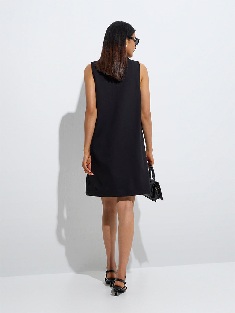 Westside Wardrobe Women's Black Solid Shift Dress for Work Wear Back View