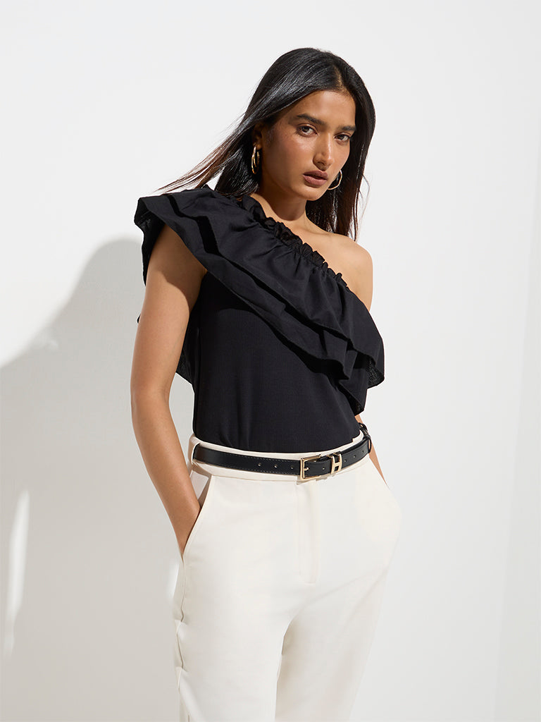 Westside Wardrobe Women's Black Ruffle One-Shoulder Cotton-Blend Top for Work Wear Front View