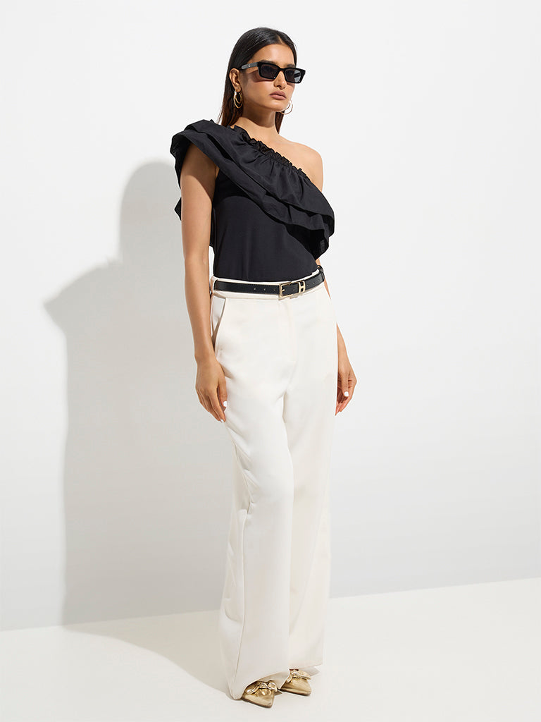 Westside Wardrobe Women's Black Ruffle One-Shoulder Cotton-Blend Top for Work Wear Full View