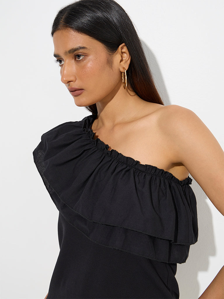 Westside Wardrobe Women's Black Ruffle One-Shoulder Cotton-Blend Top for Work Wear Zoomed View