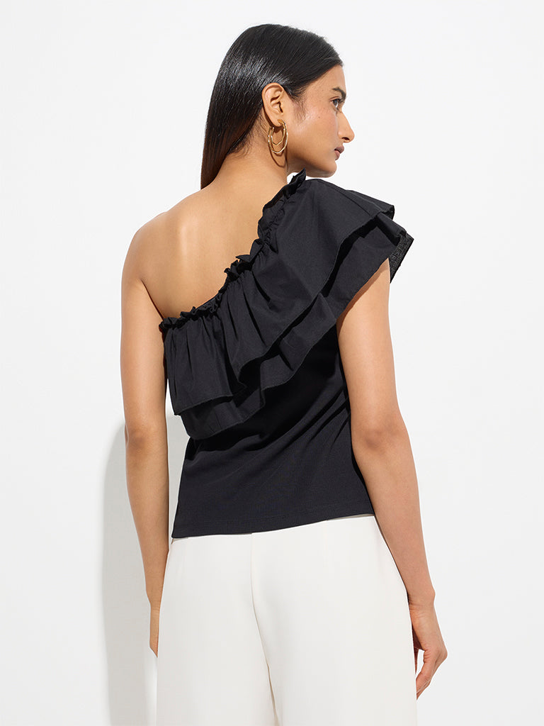 Westside Wardrobe Women's Black Ruffle One-Shoulder Cotton-Blend Top for Work Wear Back View