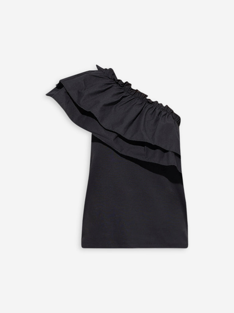 Westside Wardrobe Women's Black Ruffle One-Shoulder Cotton-Blend Top for Work Wear Flatly