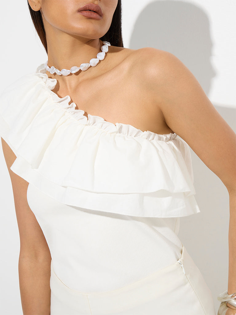 Westside Wardrobe Women's White Ruffle One Shoulder Cotton-Blend Top for Work Wear Zoomed View