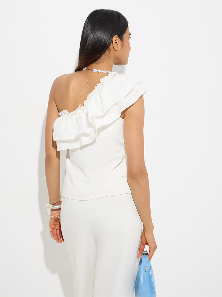 Westside Wardrobe Women's White Ruffle One Shoulder Cotton-Blend Top for Work Wear Back View