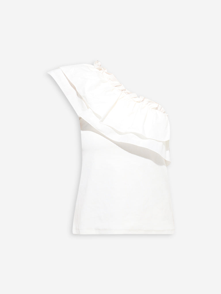 Westside Wardrobe Women's White Ruffle One Shoulder Cotton-Blend Top for Work Wear Flatly