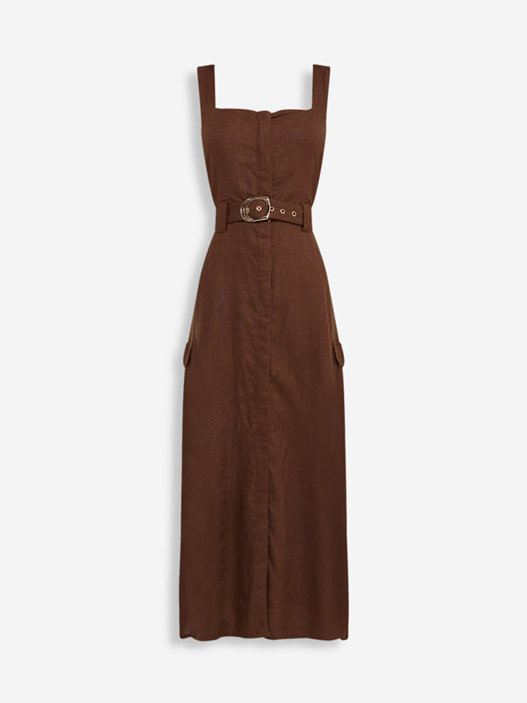 Westside LOV Women's Dark Brown A-Line Dress with Belt for Casual Wear Flatly View