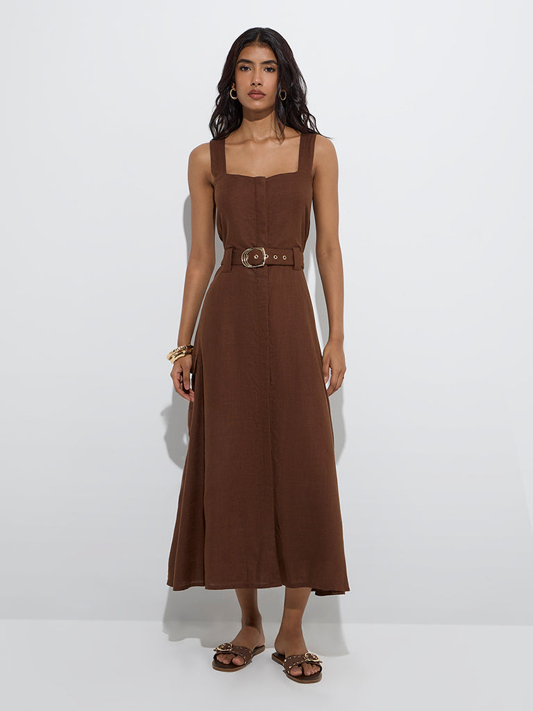Westside LOV Women's Dark Brown A-Line Dress with Belt for Casual Wear Front View