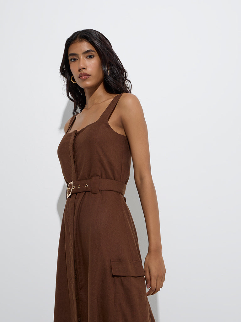 Westside LOV Women's Dark Brown A-Line Dress with Belt for Casual Wear Zoom View