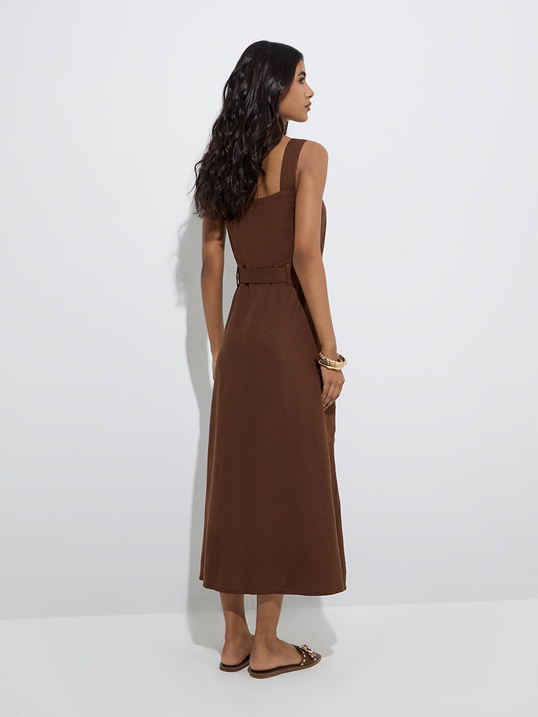 Westside LOV Women's Dark Brown A-Line Dress with Belt for Casual Wear Back View